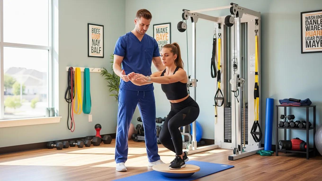 Athlete engaged in customized rehabilitation exercises with a physiotherapist