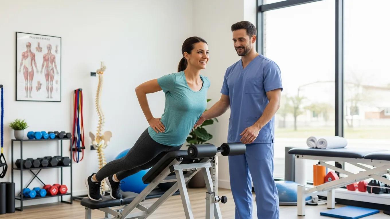 Happy patient performing therapeutic exercises in a physiotherapy clinic