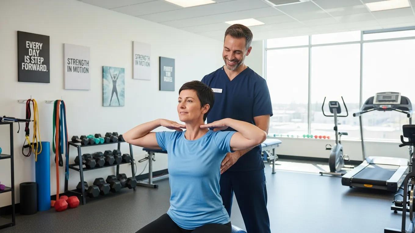 Patient performing therapeutic exercises for neck pain with physiotherapist guidance