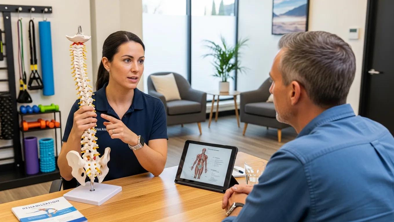 Physiotherapist discussing treatment options for neck pain with a patient